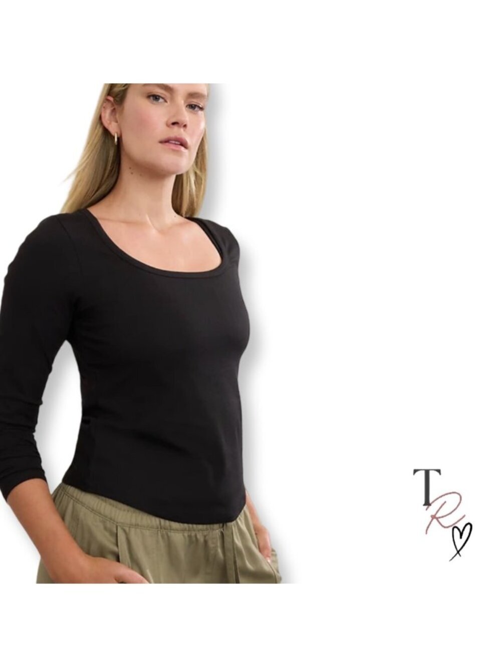 Athleta NWT Signature Rib Square Neck Top Black Long Sleeve Size Large
